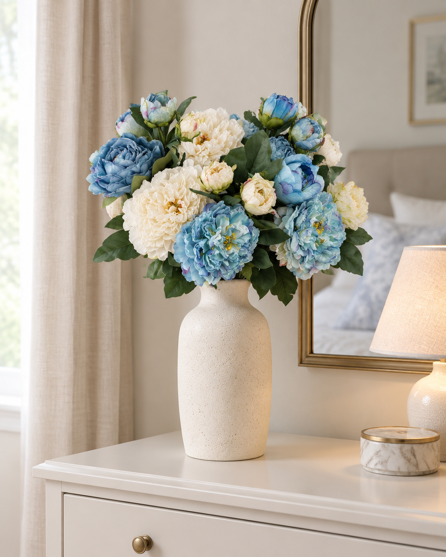 Blue & Cream Artificial Peony Bouquet styled in a ceramic vase on a dresser (vase sold separately)