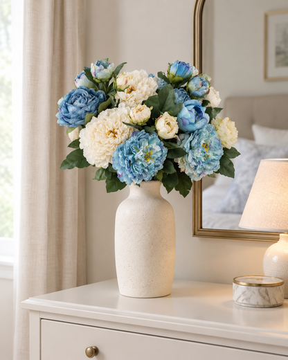 Blue & Cream Artificial Peony Bouquet styled in a ceramic vase on a dresser (vase sold separately)