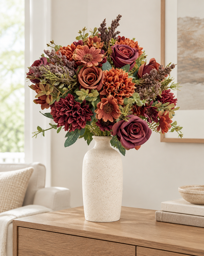 Rust & Burgundy Artificial Mixed Autumn Bouquet styled in a ceramic vase on a console table (vase sold separately)