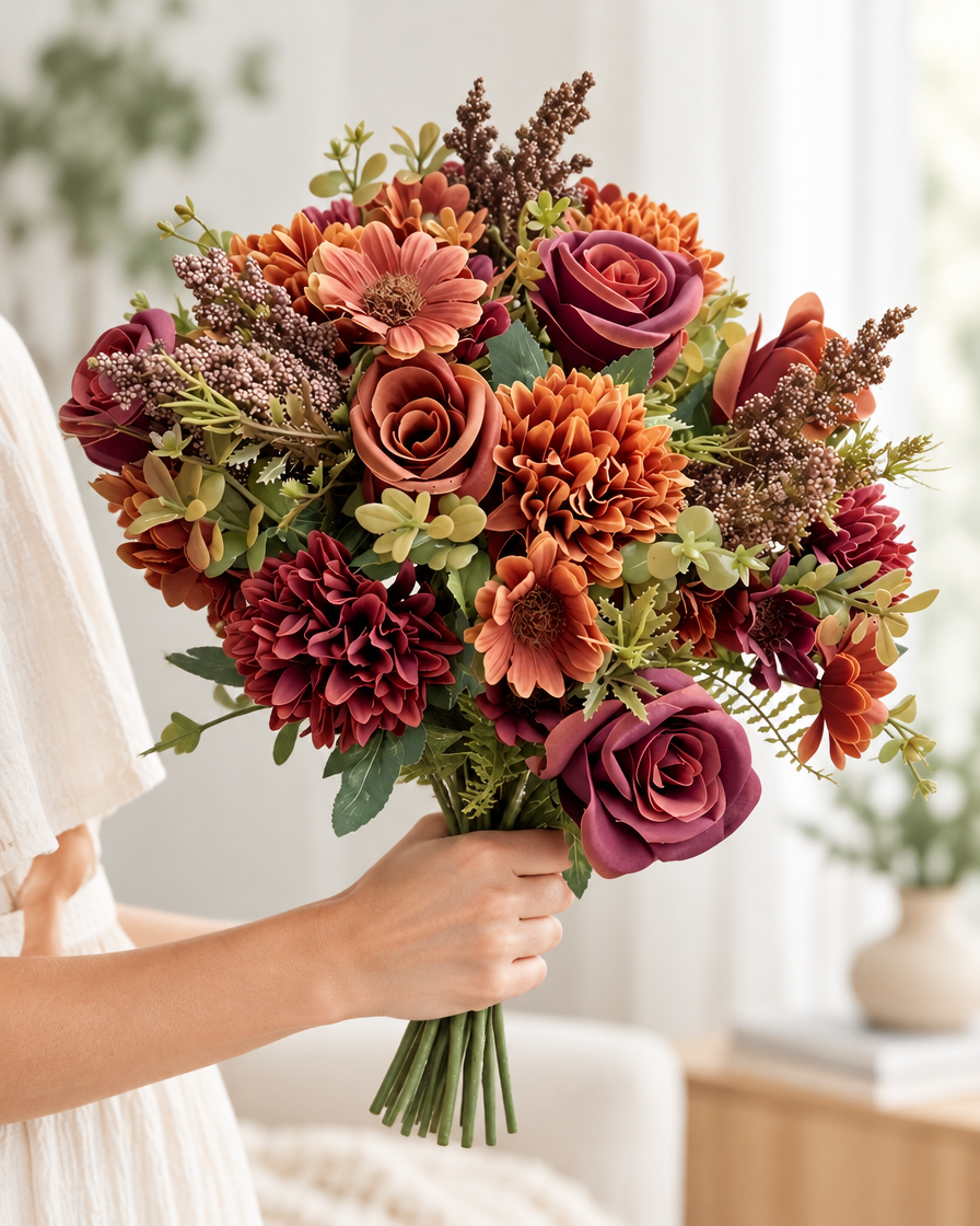 Rust & Burgundy Artificial Mixed Autumn Bouquet held in a hand