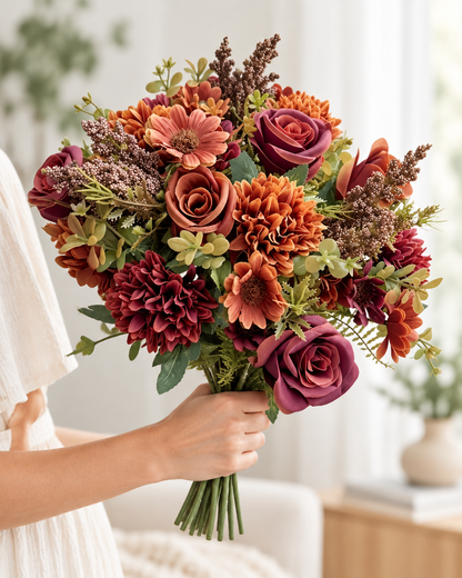Rust & Burgundy Artificial Mixed Autumn Bouquet held in a hand
