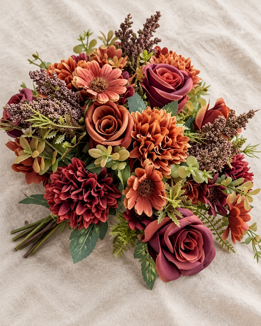 Rust & Burgundy Artificial Mixed Autumn Bouquet, shown alone on a linen background