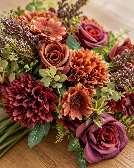 Close-up detail of the rust & burgundy artificial mixed autumn bouquet on an oak table