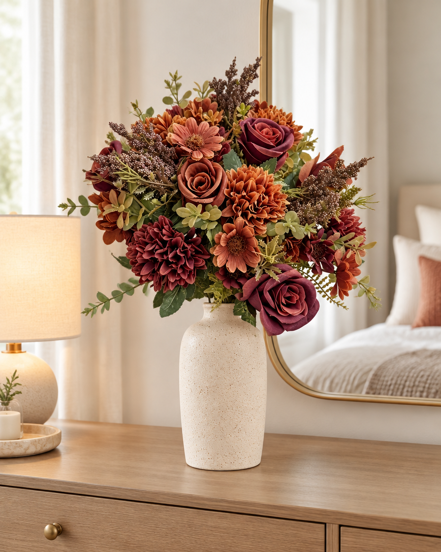 Rust & Burgundy Artificial Mixed Autumn Bouquet styled in a ceramic vase on a dresser (vase sold separately)