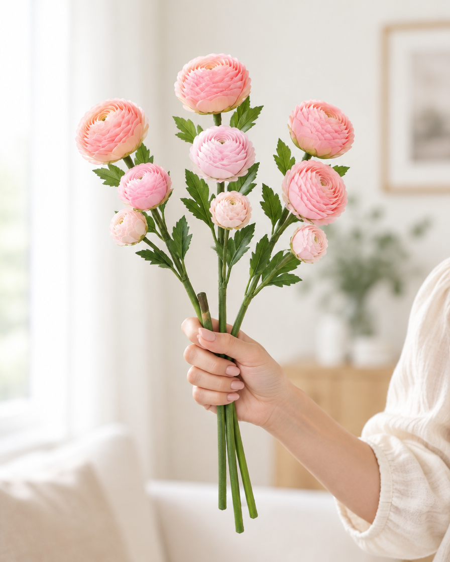 Pink Artificial Ranunculus Stems held in a hand