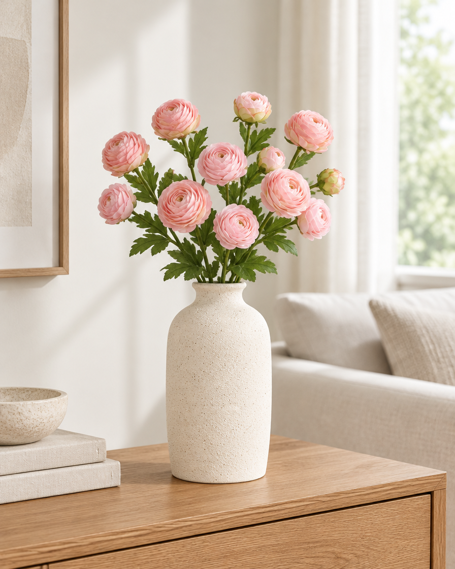 Pink Artificial Ranunculus Stems styled in a ceramic vase on a console table (vase sold separately)