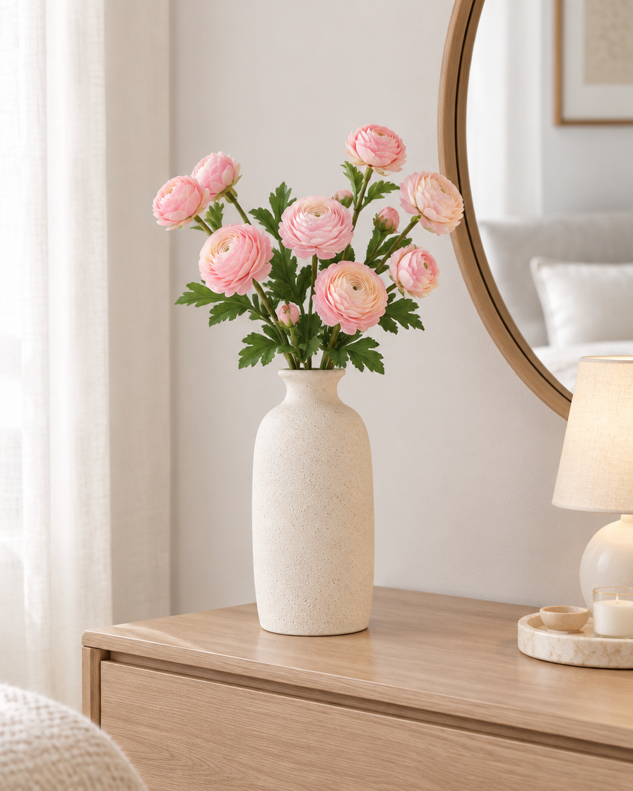 Pink Artificial Ranunculus Stems styled in a ceramic vase on a dresser (vase sold separately)