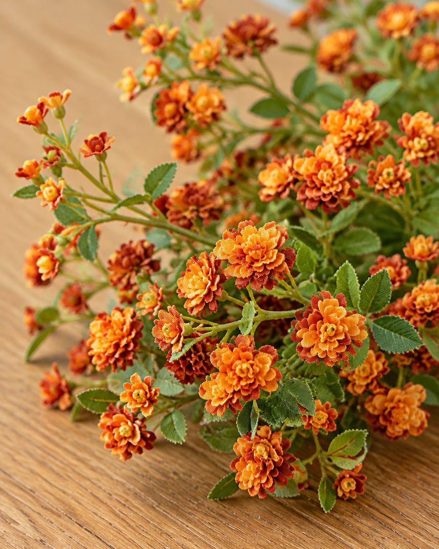 Close-up detail of the burnt orange artificial blossom stems on an oak table