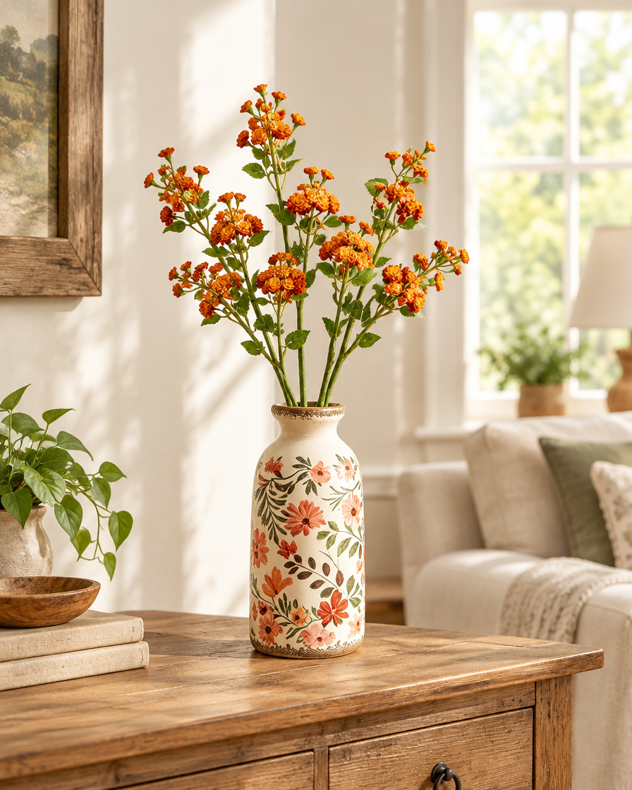 Burnt Orange Artificial Blossom Stems styled in a ceramic vase on a console table (vase sold separately)
