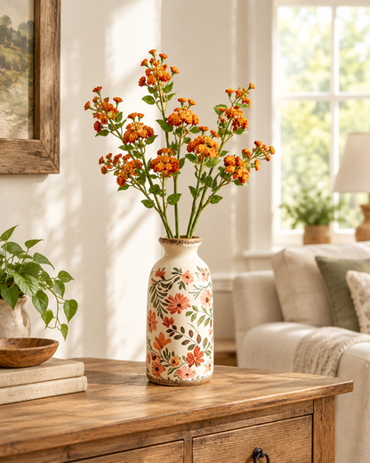 Burnt Orange Artificial Blossom Stems styled in a ceramic vase on a console table (vase sold separately)