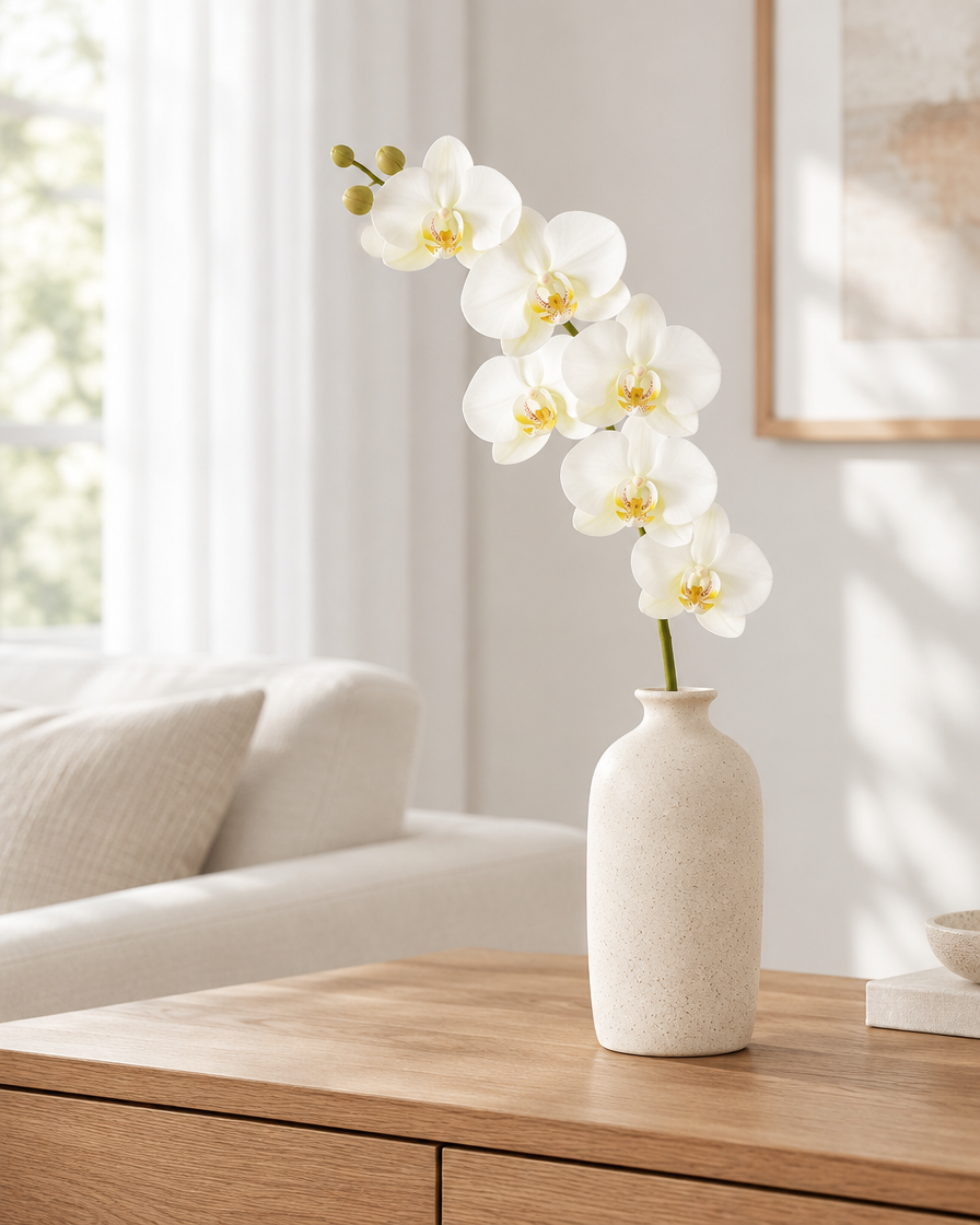 White Artificial Phalaenopsis Orchid Stem styled in a ceramic vase on a console table (vase sold separately)
