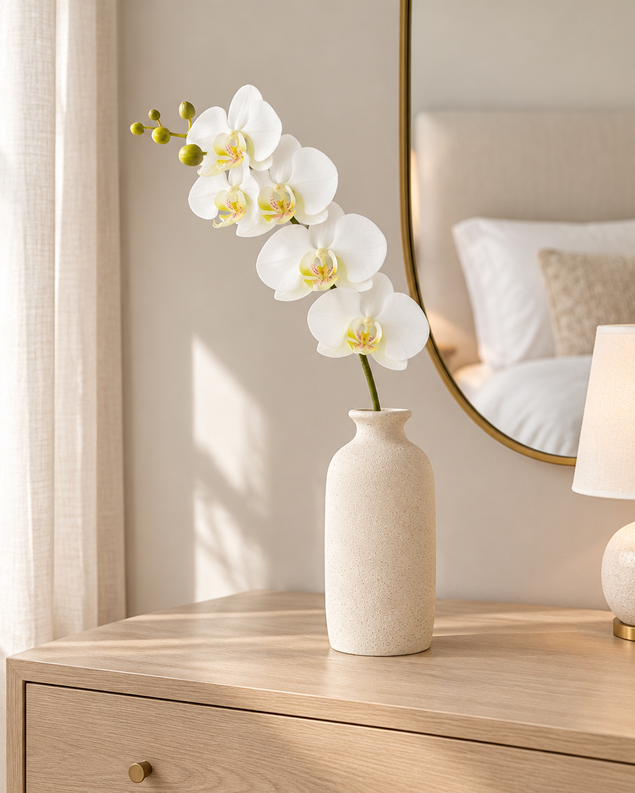 White Artificial Phalaenopsis Orchid Stem styled in a ceramic vase on a dresser (vase sold separately)