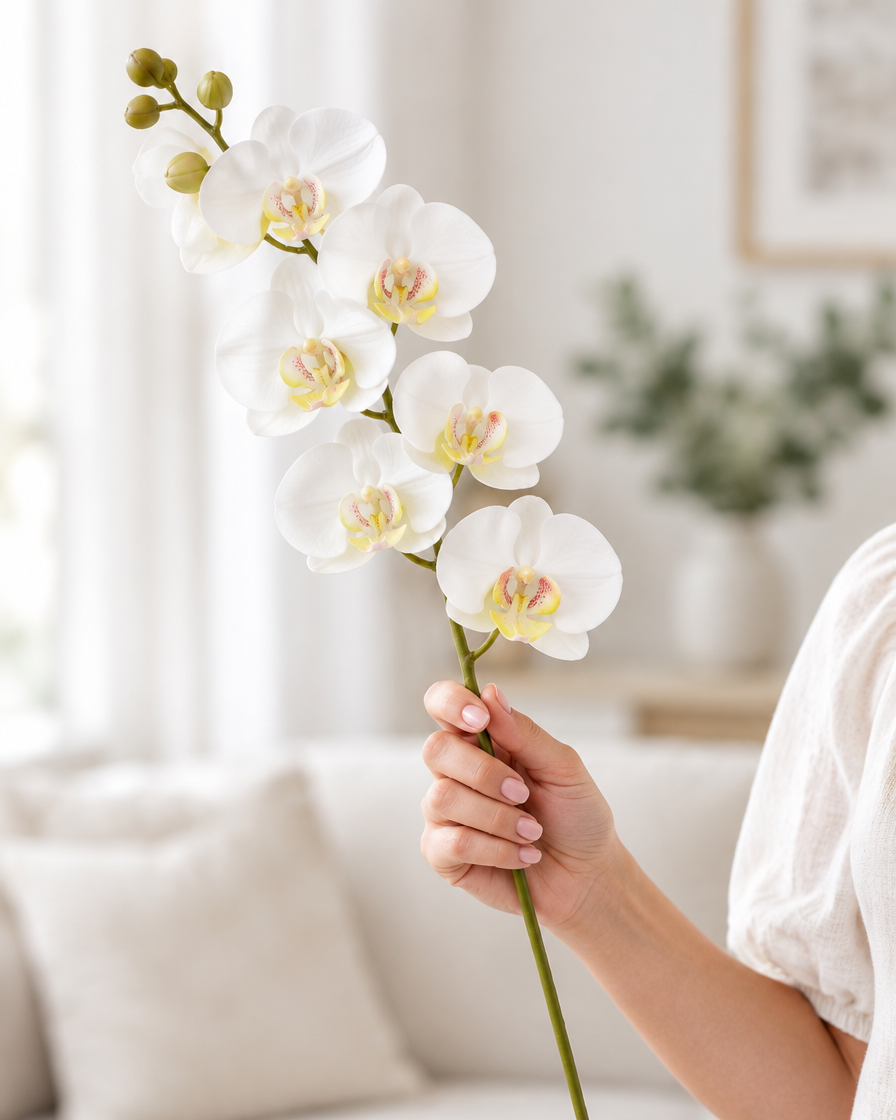 White Artificial Phalaenopsis Orchid Stem held in a hand