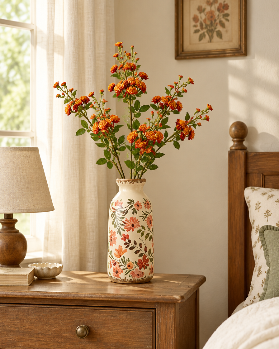 Burnt Orange Artificial Blossom Stems styled in a ceramic vase on a dresser (vase sold separately)