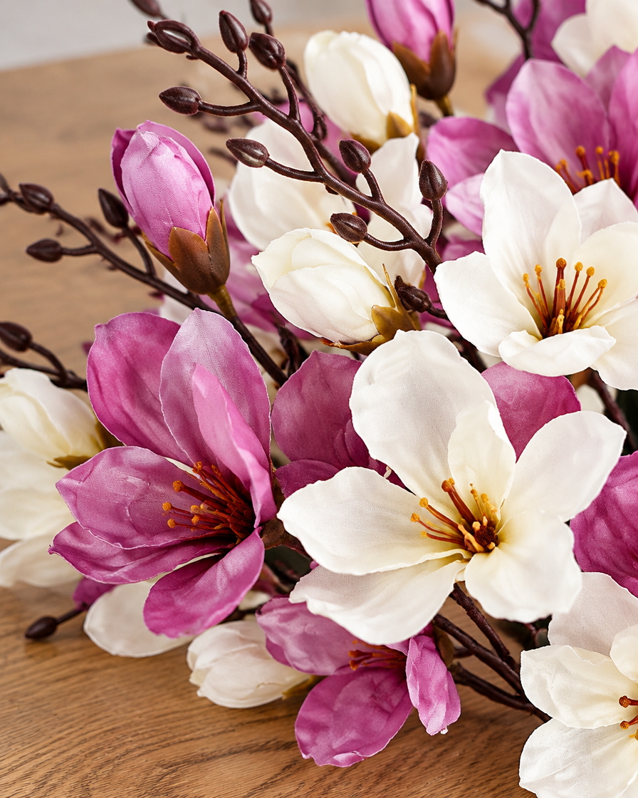 Close-up detail of the white and purple artificial magnolia branches on an oak table