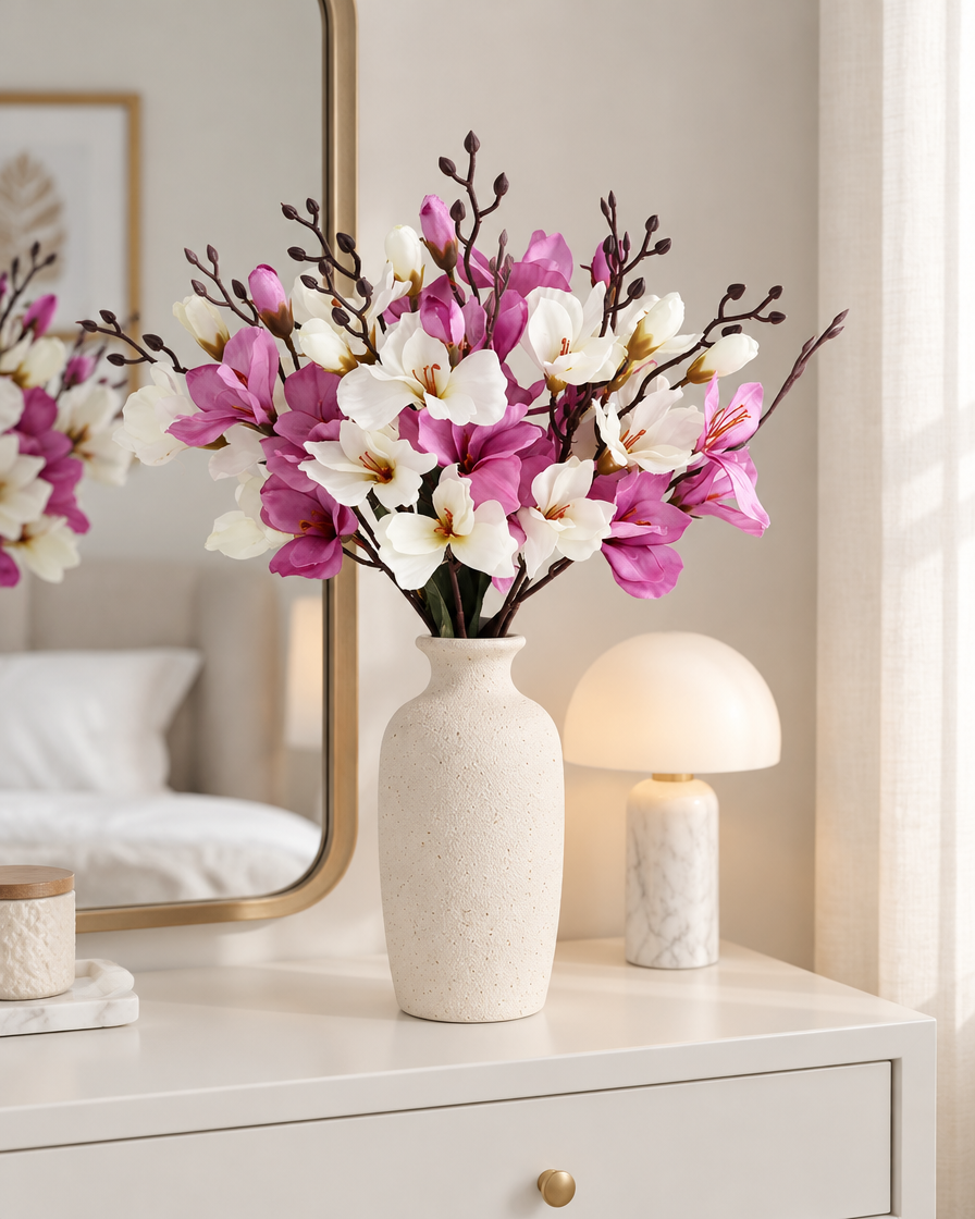 White and Purple Artificial Magnolia Branches styled in a ceramic vase on a dresser (vase sold separately)