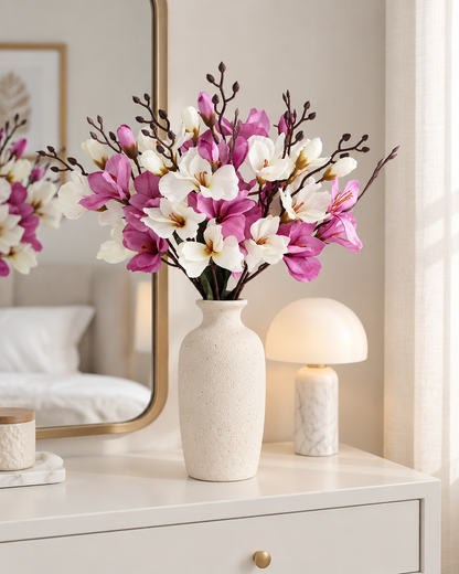 White and Purple Artificial Magnolia Branches styled in a ceramic vase on a dresser (vase sold separately)