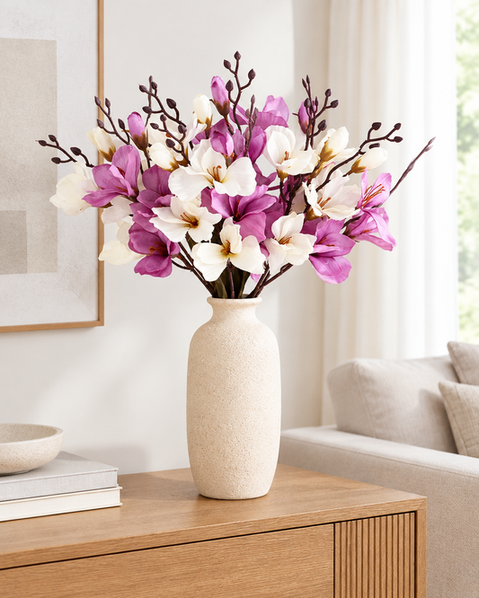 White and Purple Artificial Magnolia Branches styled in a ceramic vase on a console table (vase sold separately)