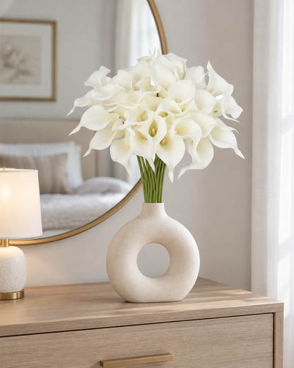 White Artificial Calla Lily Bouquet styled in a ceramic vase on a dresser (vase sold separately)