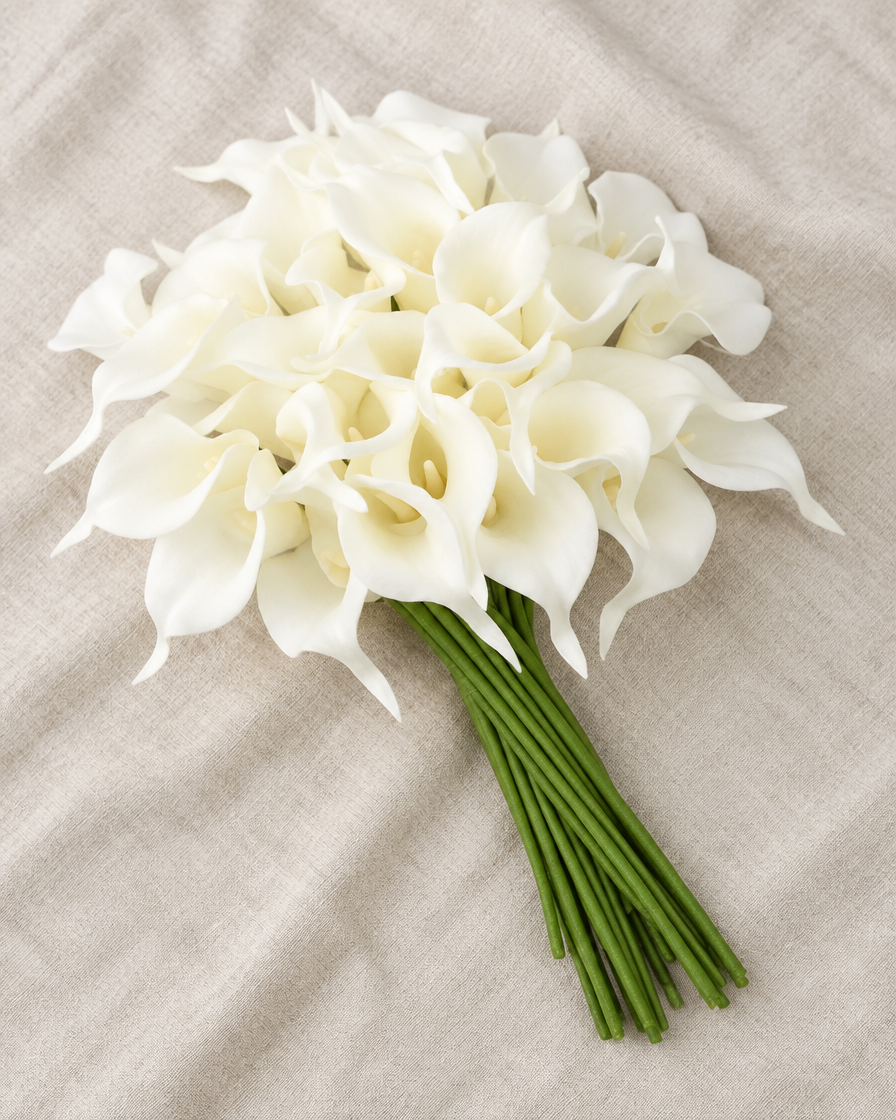 White Artificial Calla Lily Bouquet, shown alone on a linen background