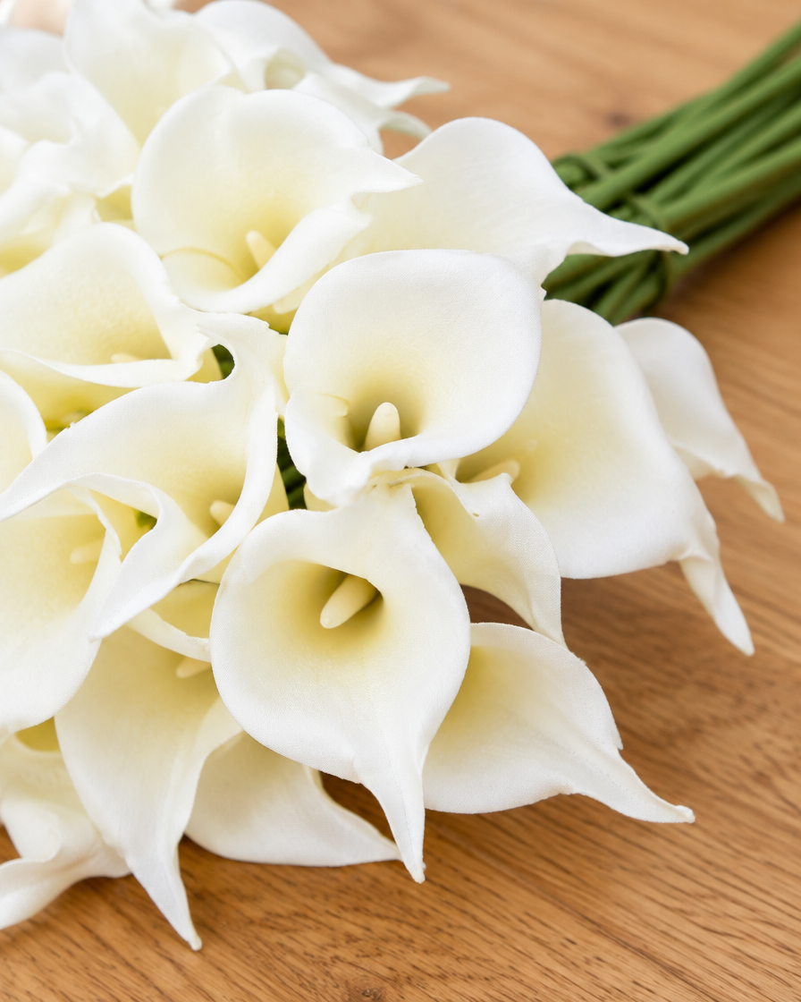 Close-up detail of the white artificial calla lily bouquet on an oak table