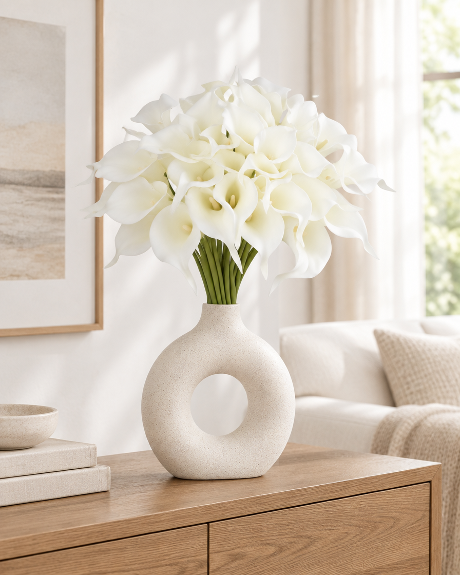 White Artificial Calla Lily Bouquet styled in a ceramic vase on a console table (vase sold separately)