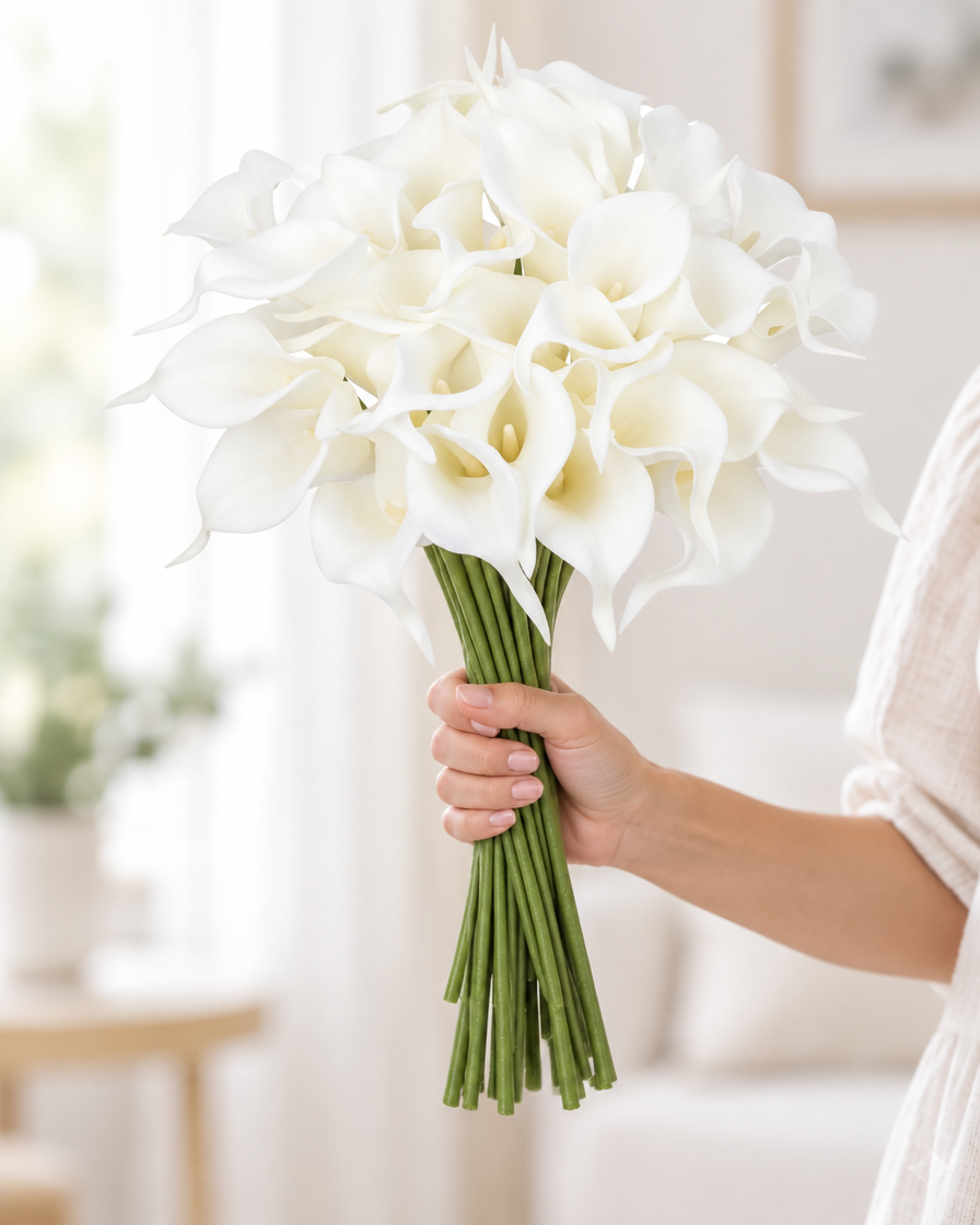 White Artificial Calla Lily Bouquet held in a hand