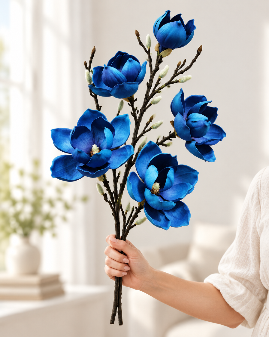 Royal Blue Artificial Magnolia Branch held in a hand