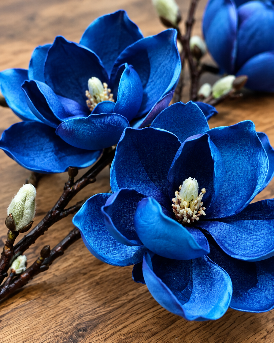 Close-up detail of the royal blue artificial magnolia branch on an oak table