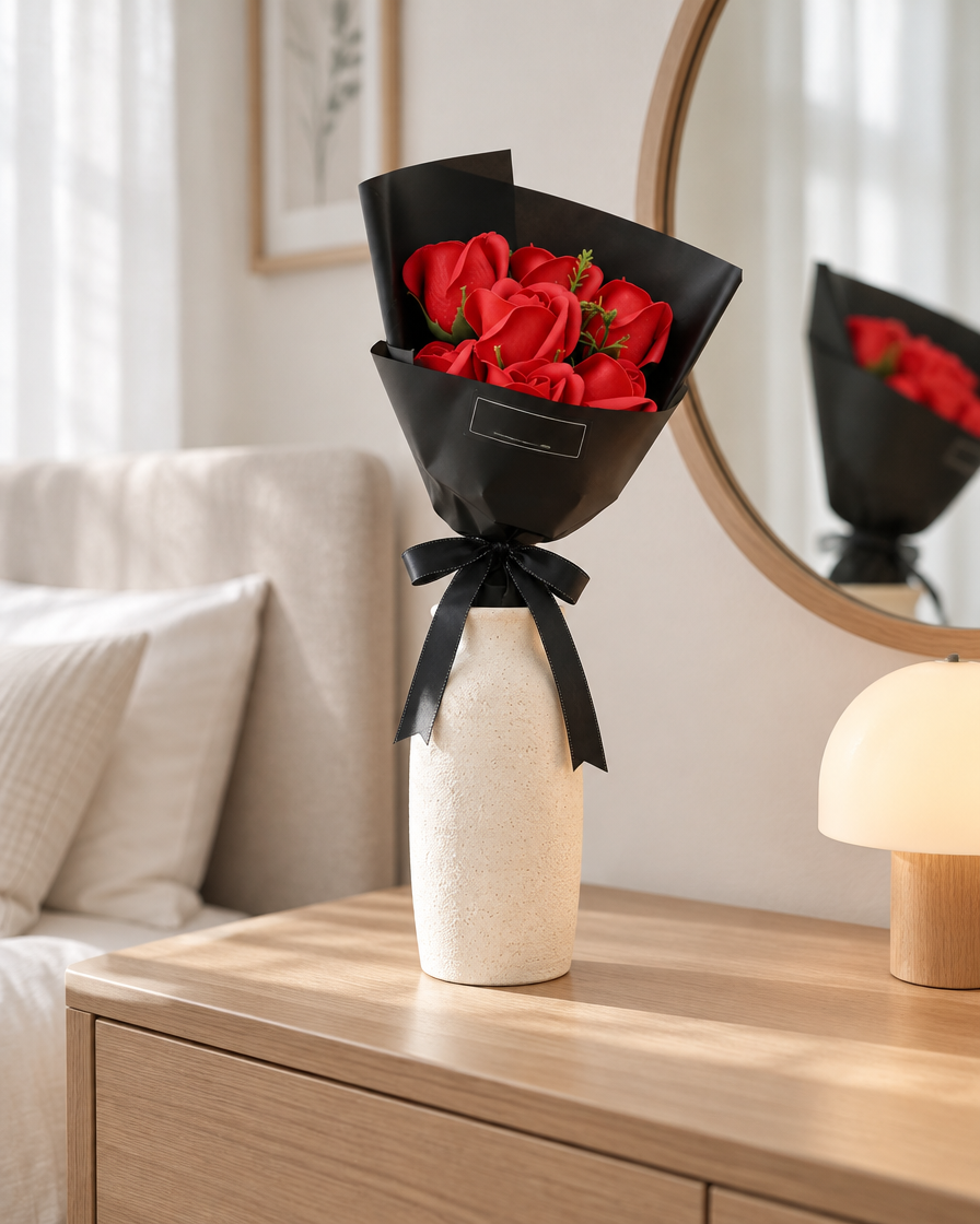 Red Artificial Rose Gift Bouquet styled in a ceramic vase on a dresser (vase sold separately)