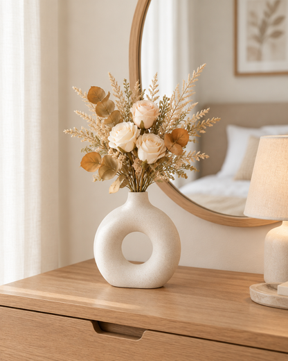 Champagne Dried-Look Artificial Rose Bouquet styled in a ceramic vase on a dresser (vase sold separately)