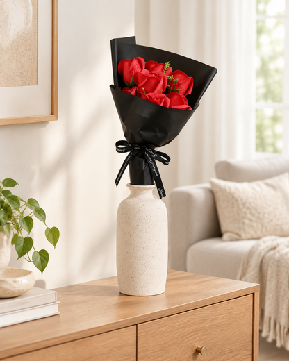 Red Artificial Rose Gift Bouquet styled in a ceramic vase on a console table (vase sold separately)