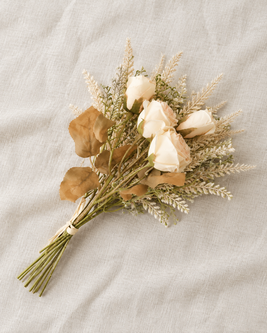 Champagne Dried-Look Artificial Rose Bouquet, shown alone on a linen background
