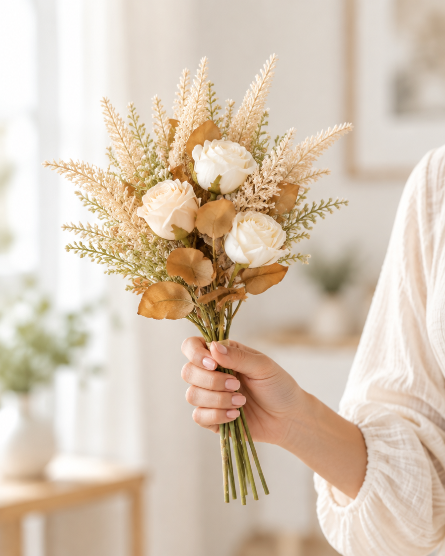 Champagne Dried-Look Artificial Rose Bouquet held in a hand