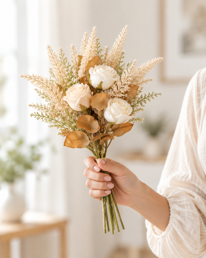 Champagne Dried-Look Artificial Rose Bouquet held in a hand