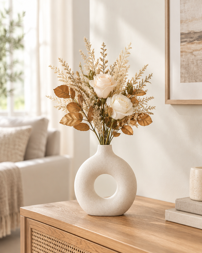 Champagne Dried-Look Artificial Rose Bouquet styled in a ceramic vase on a console table (vase sold separately)