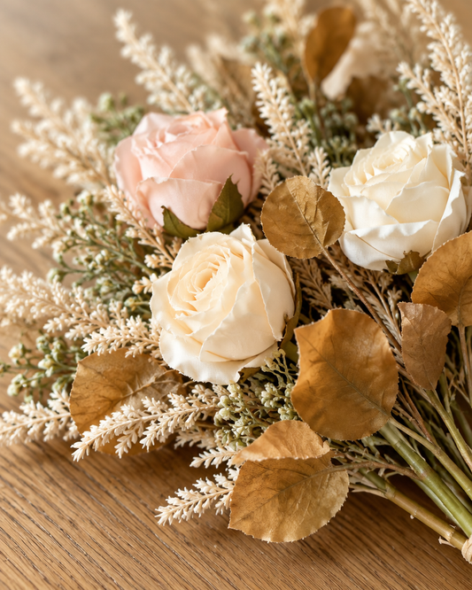 Close-up detail of the champagne dried-look artificial rose bouquet on an oak table