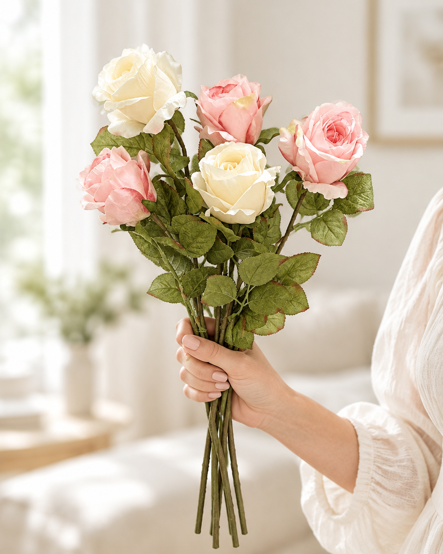 Pink and Cream Artificial Rose Stems held in a hand