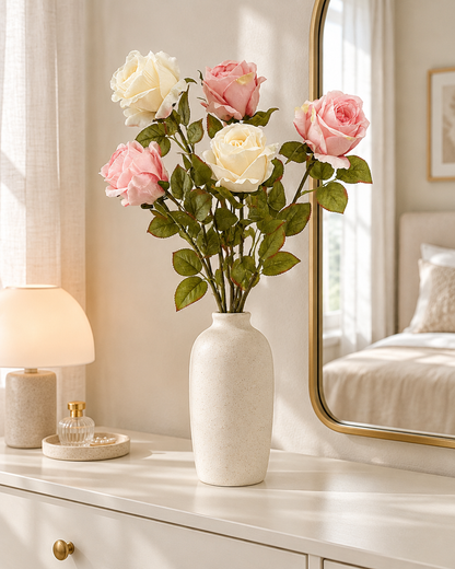 Pink and Cream Artificial Rose Stems styled in a ceramic vase on a dresser (vase sold separately)