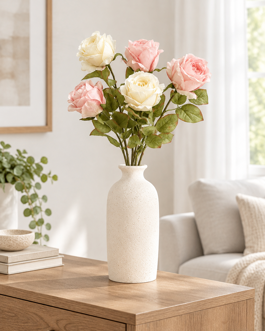 Pink and Cream Artificial Rose Stems styled in a ceramic vase on a console table (vase sold separately)
