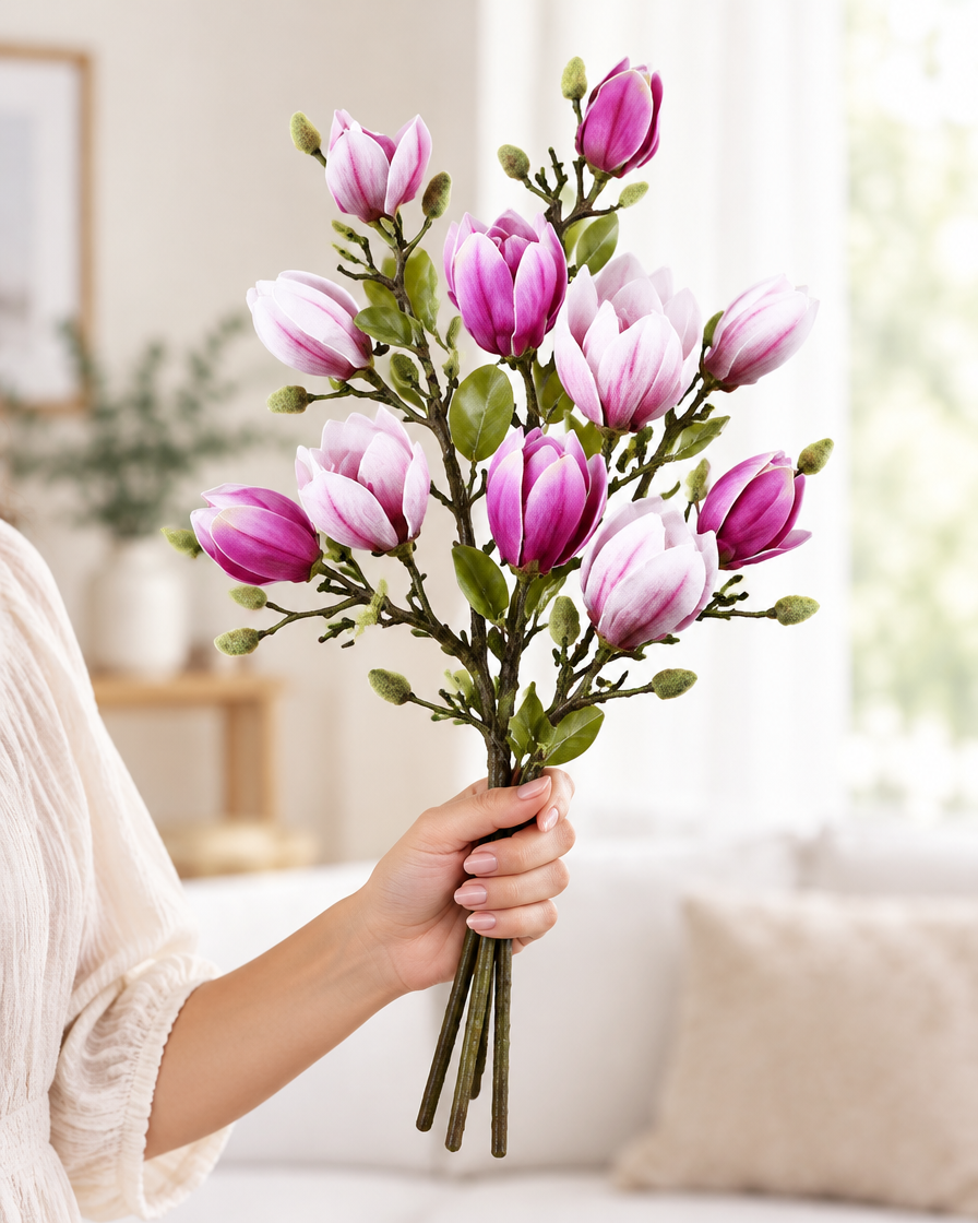Purple & Pink Artificial Magnolia Branches held in a hand