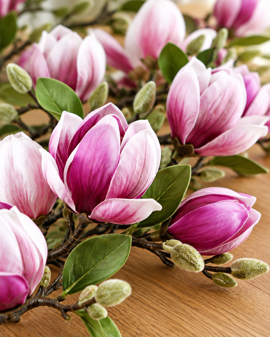 Close-up detail of the purple & pink artificial magnolia branches on an oak table