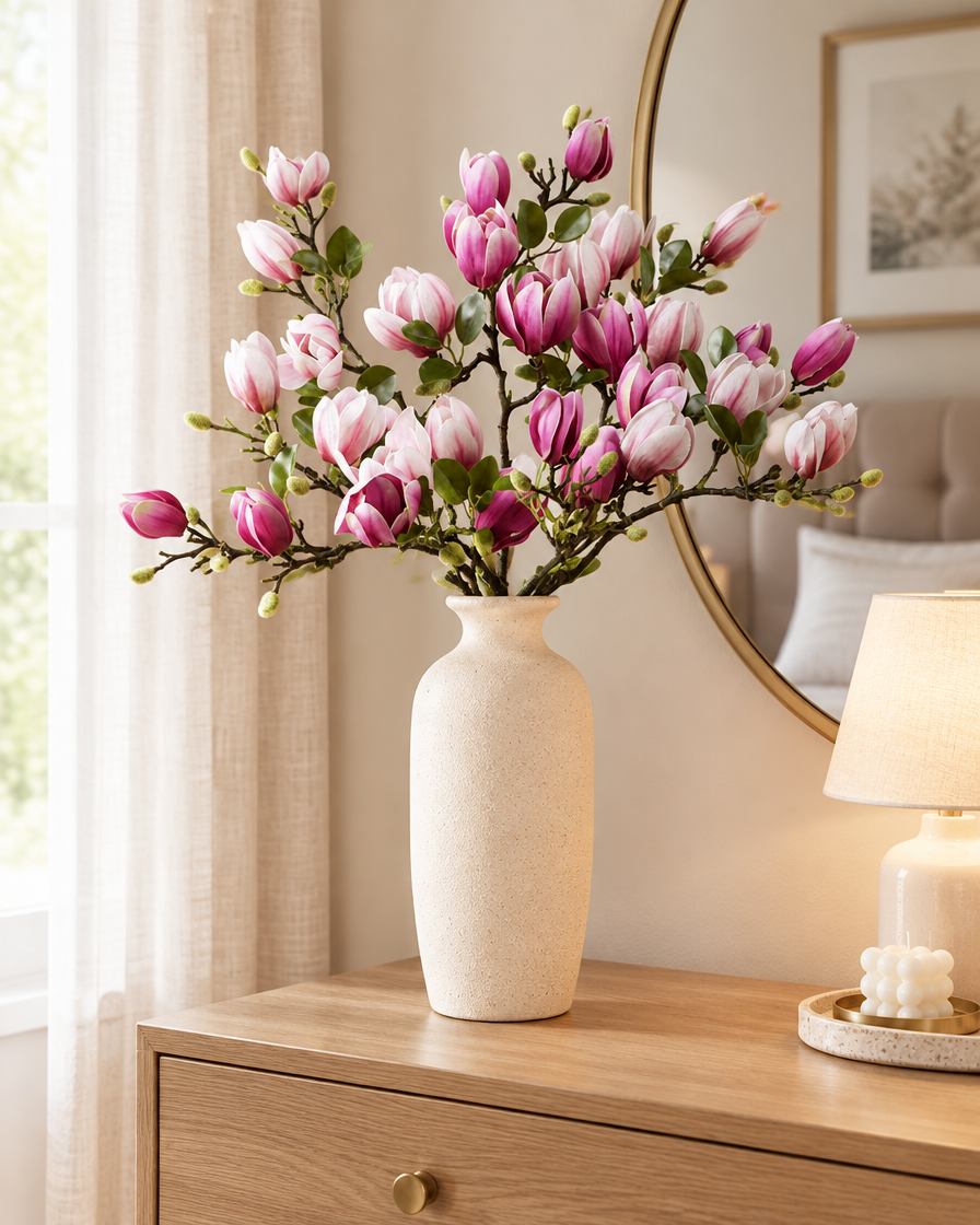 Purple & Pink Artificial Magnolia Branches styled in a ceramic vase on a dresser (vase sold separately)