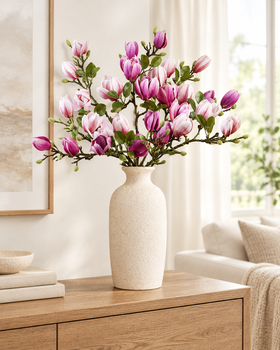 Purple & Pink Artificial Magnolia Branches styled in a ceramic vase on a console table (vase sold separately)