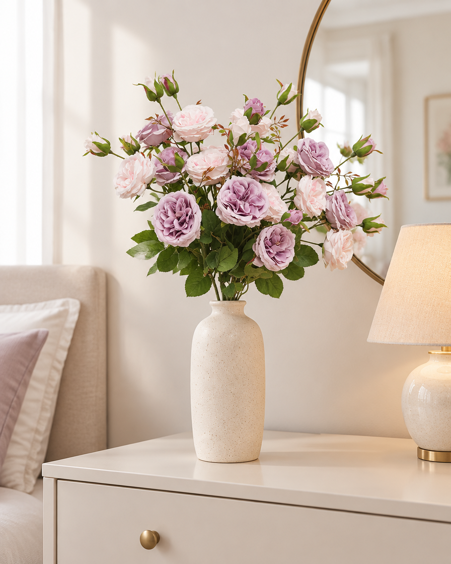 Lilac & Blush Artificial Rose Spray styled in a ceramic vase on a dresser (vase sold separately)