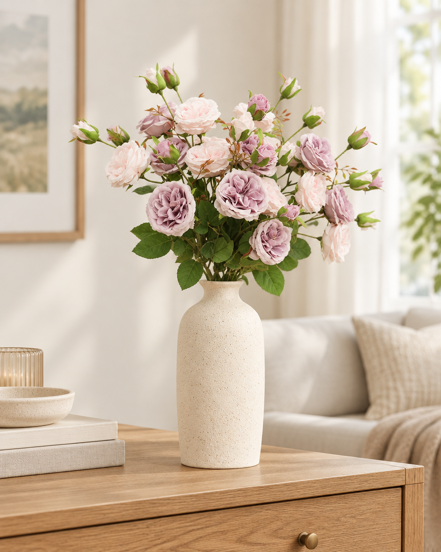 Lilac & Blush Artificial Rose Spray styled in a ceramic vase on a console table (vase sold separately)