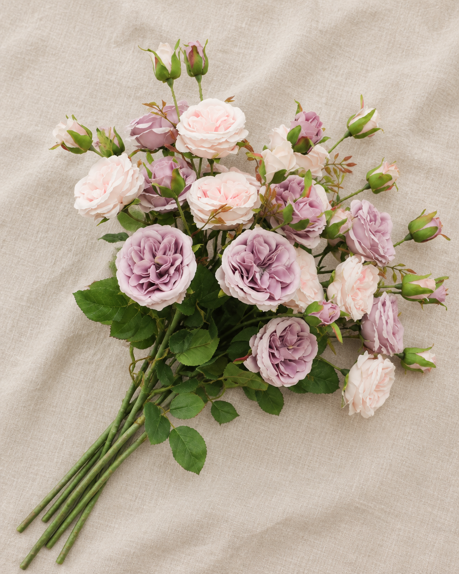 Lilac & Blush Artificial Rose Spray, shown alone on a linen background