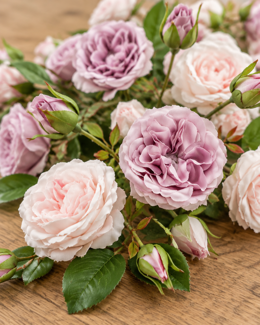 Close-up detail of the lilac & blush artificial rose spray on an oak table