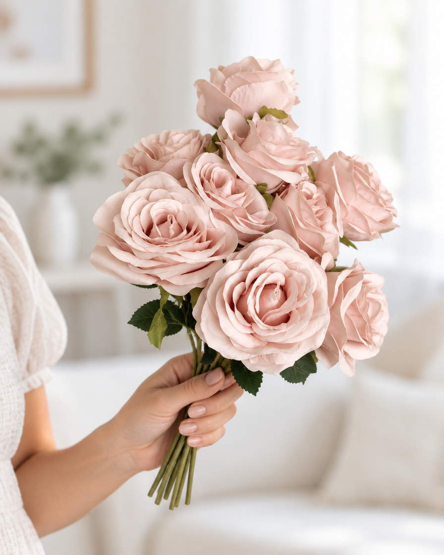 Dusty Pink Artificial Rose Bouquet held in a hand