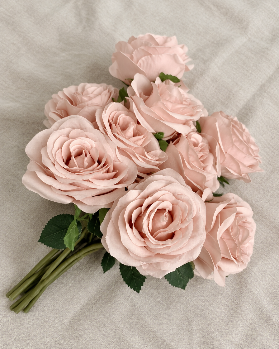 Dusty Pink Artificial Rose Bouquet, shown alone on a linen background
